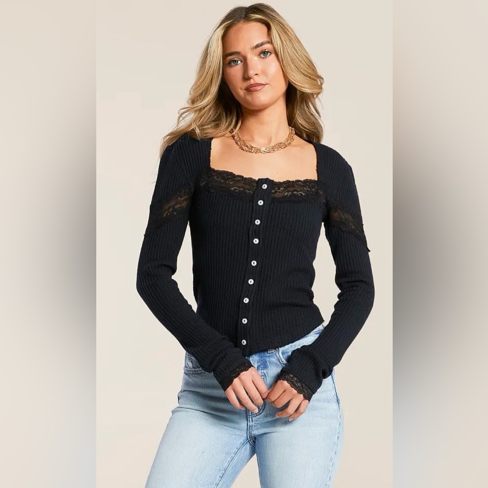 NWT FREE PEOPLE LET'S PARTY LACE TRIM WAFFLE COTTON CARDIGAN BLACK
